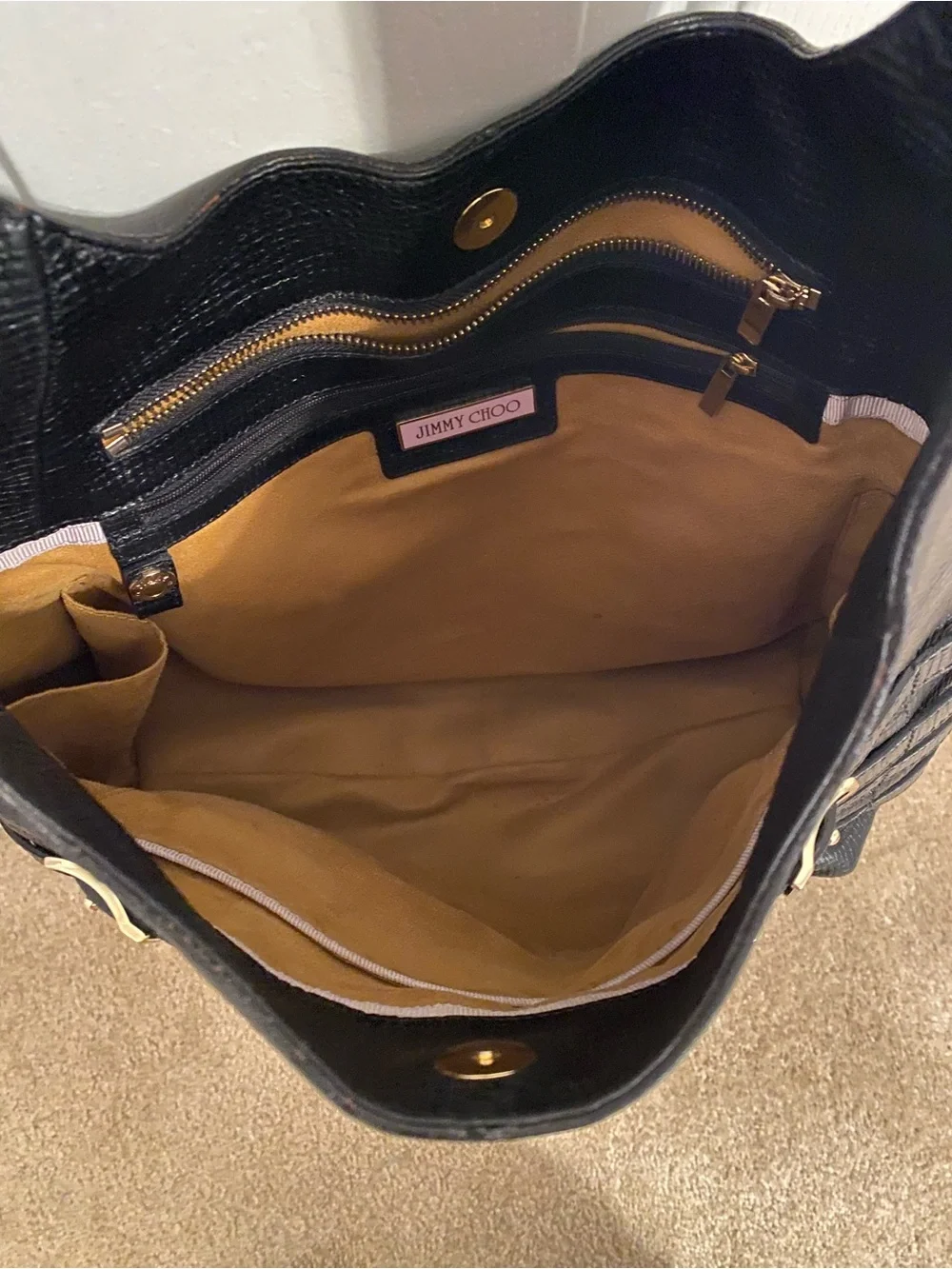 Jimmy Choo Black Shoulder Hobo Bag with Gold Accents